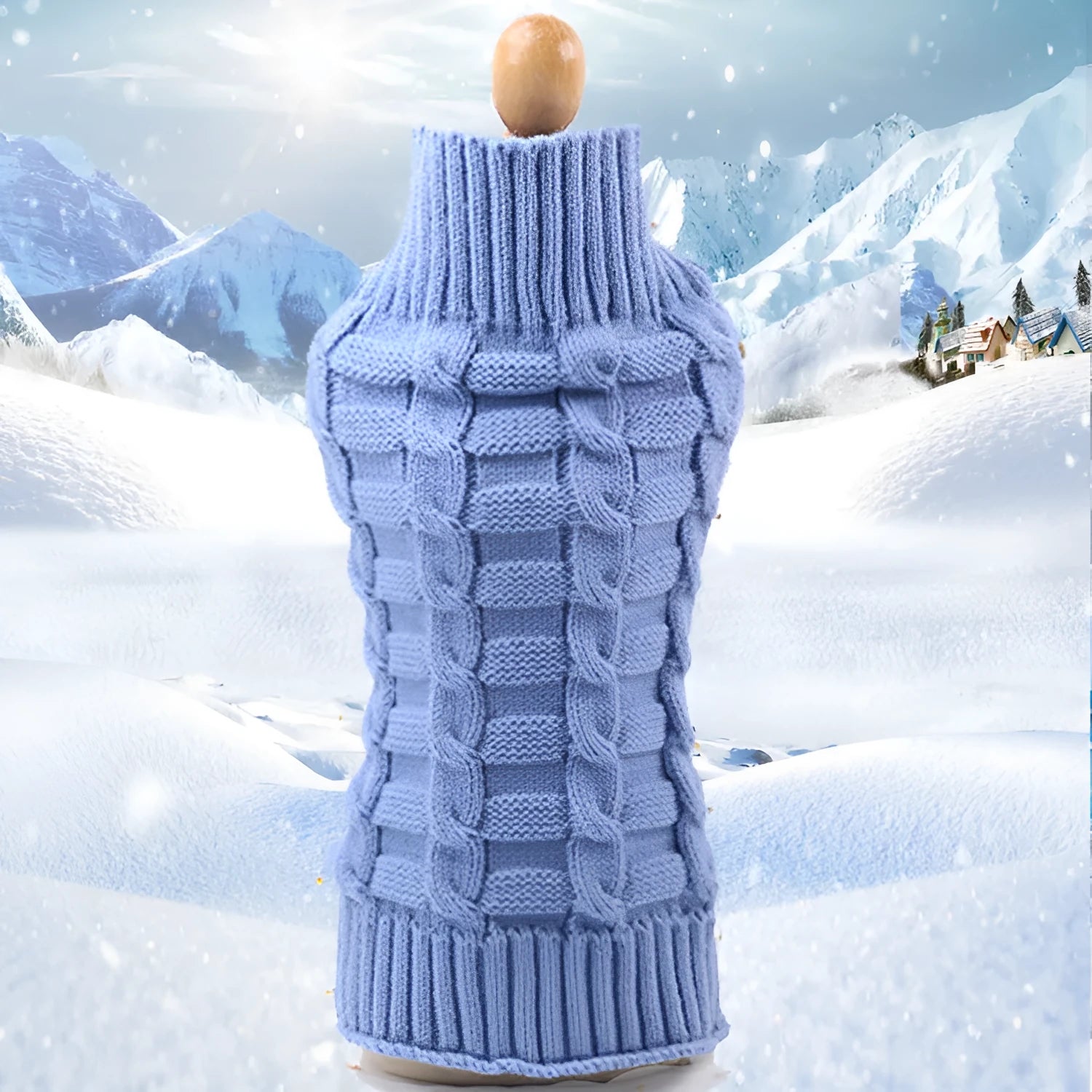 Cashmere twisted rope pattern dog sweater in blue colour on a mannequin showing chest and back coverage