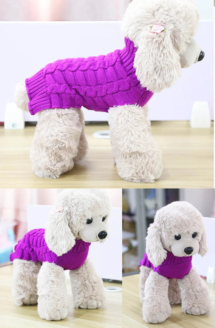 Cashmere twisted rope pattern dog sweater in blue colour on a mannequin showing chest and back coverage