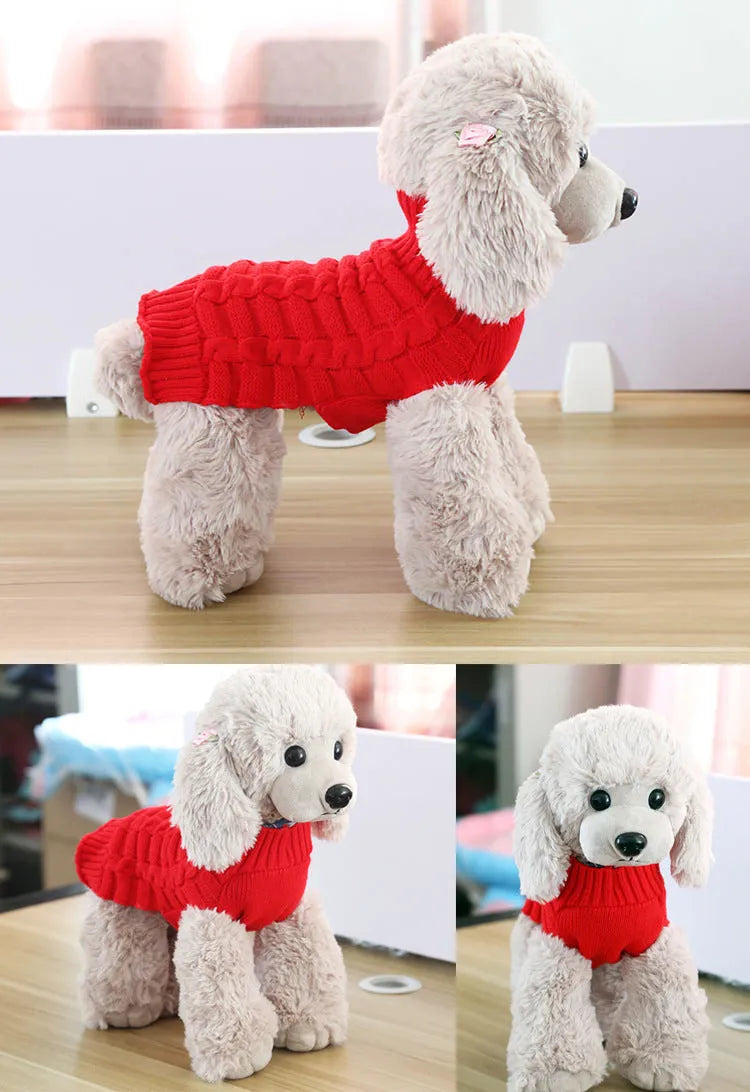 Cashmere twisted rope pattern dog sweater in blue colour on a mannequin showing chest and back coverage