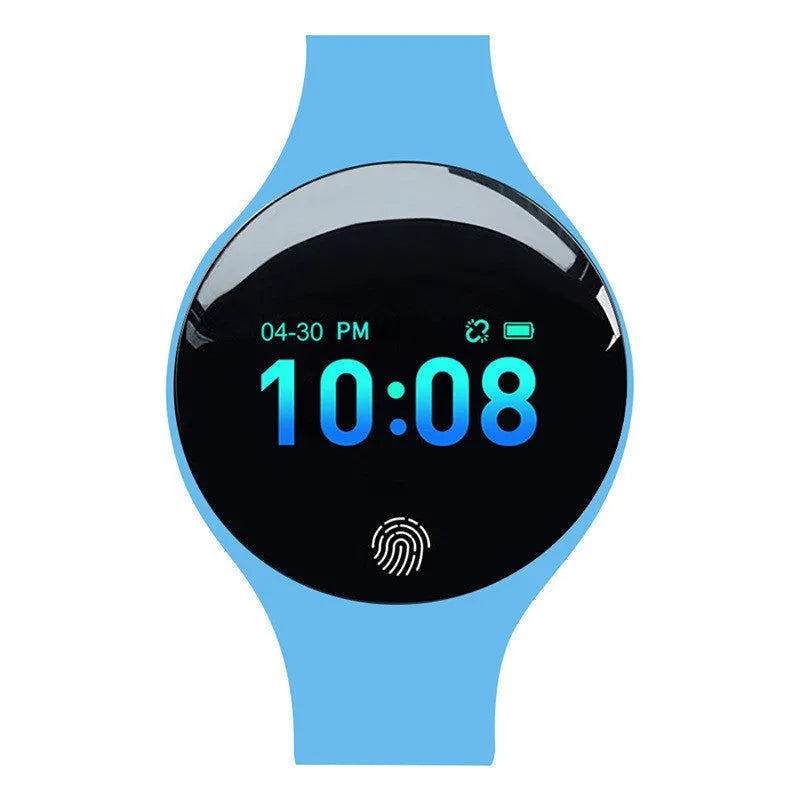 Bluetooth smart watch with vibrating alarm and pedometer on wrist showing 0.66-inch screen