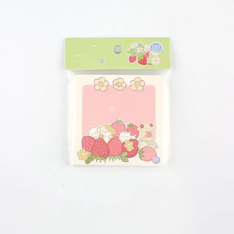 Minky's kawaii milk strawberry memo pad with 100 sheets, shown in six colourful 80x80mm designs.