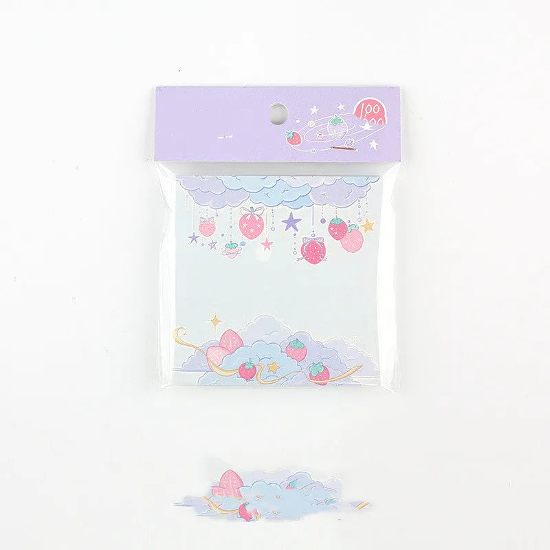 Minky's kawaii milk strawberry memo pad with 100 sheets, shown in six colourful 80x80mm designs.