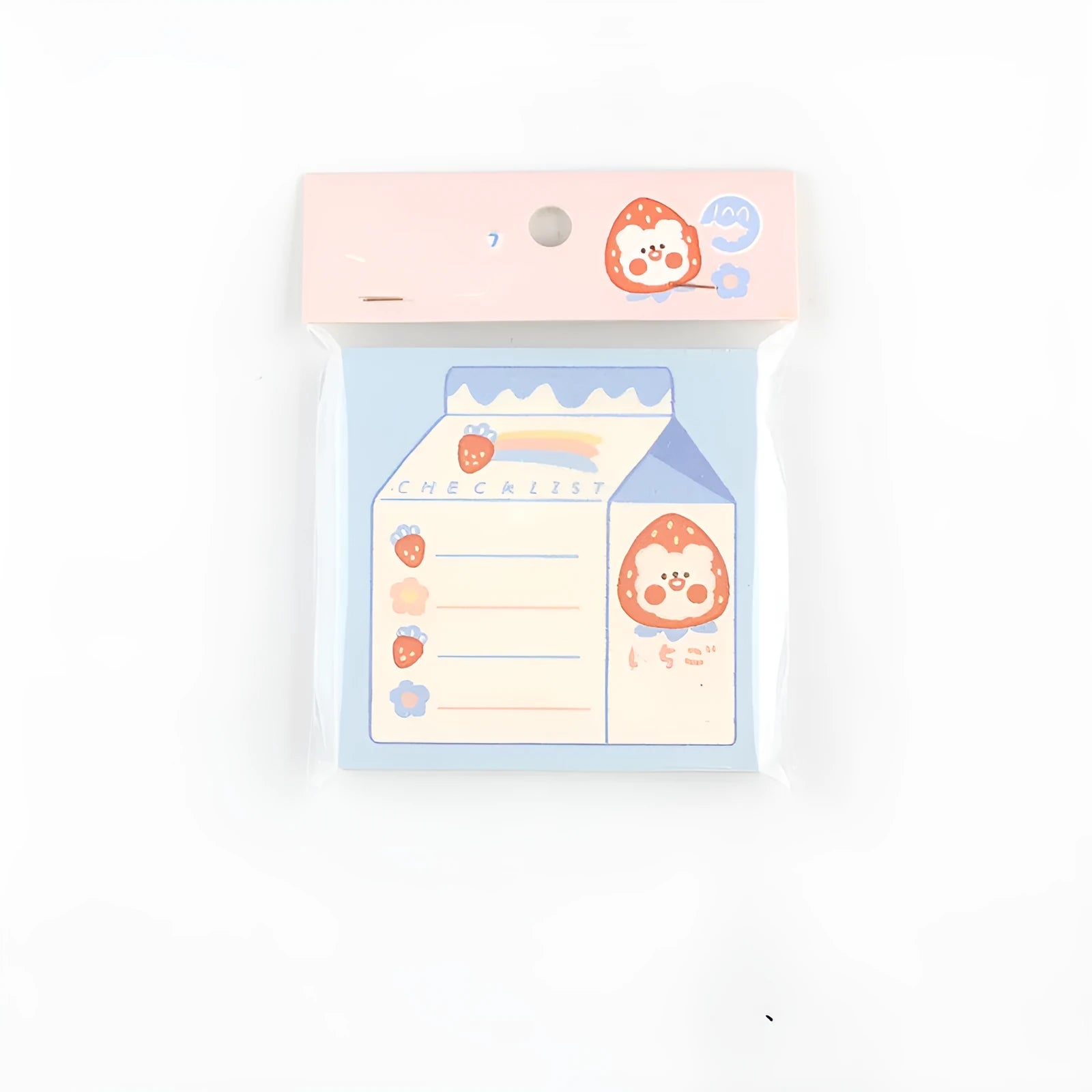 Minky's kawaii milk strawberry memo pad with 100 sheets, shown in six colourful 80x80mm designs.