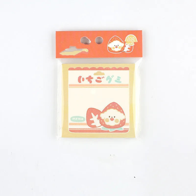Minky's kawaii milk strawberry memo pad with 100 sheets, shown in six colourful 80x80mm designs.