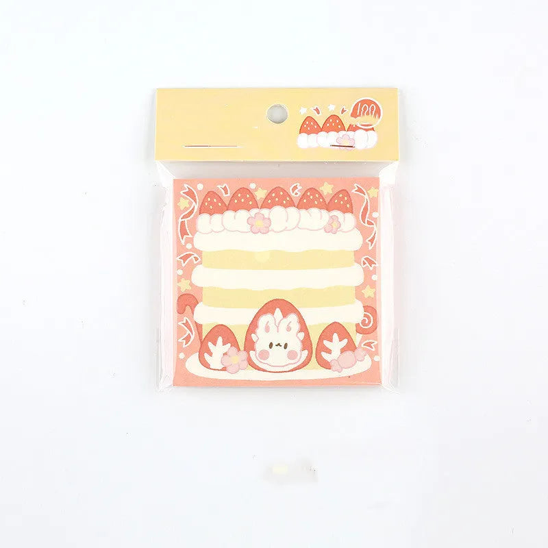 Minky's kawaii milk strawberry memo pad with 100 sheets, shown in six colourful 80x80mm designs.