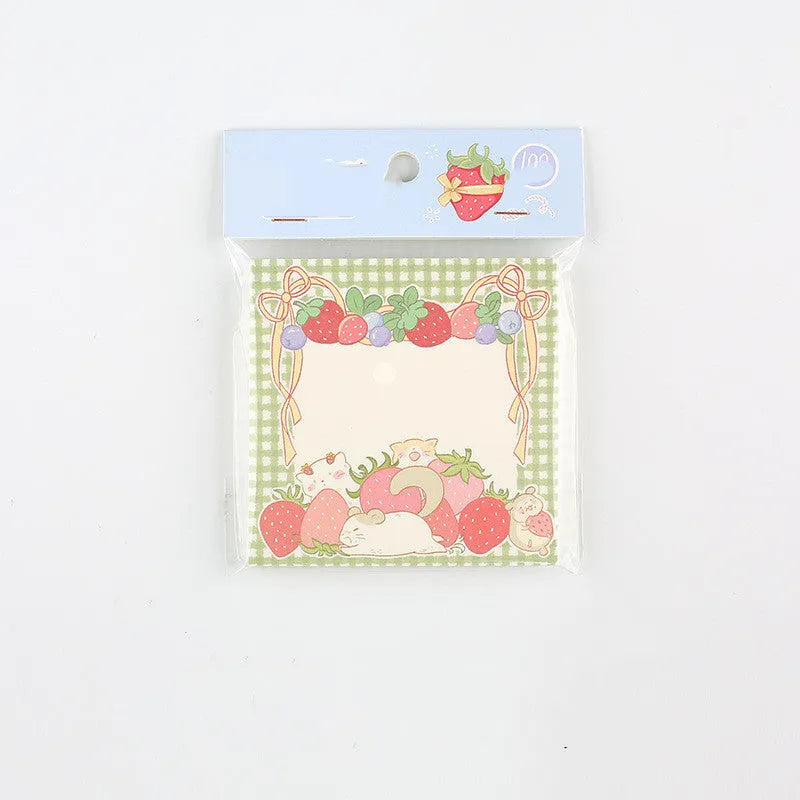 Minky's kawaii milk strawberry memo pad with 100 sheets, shown in six colourful 80x80mm designs.