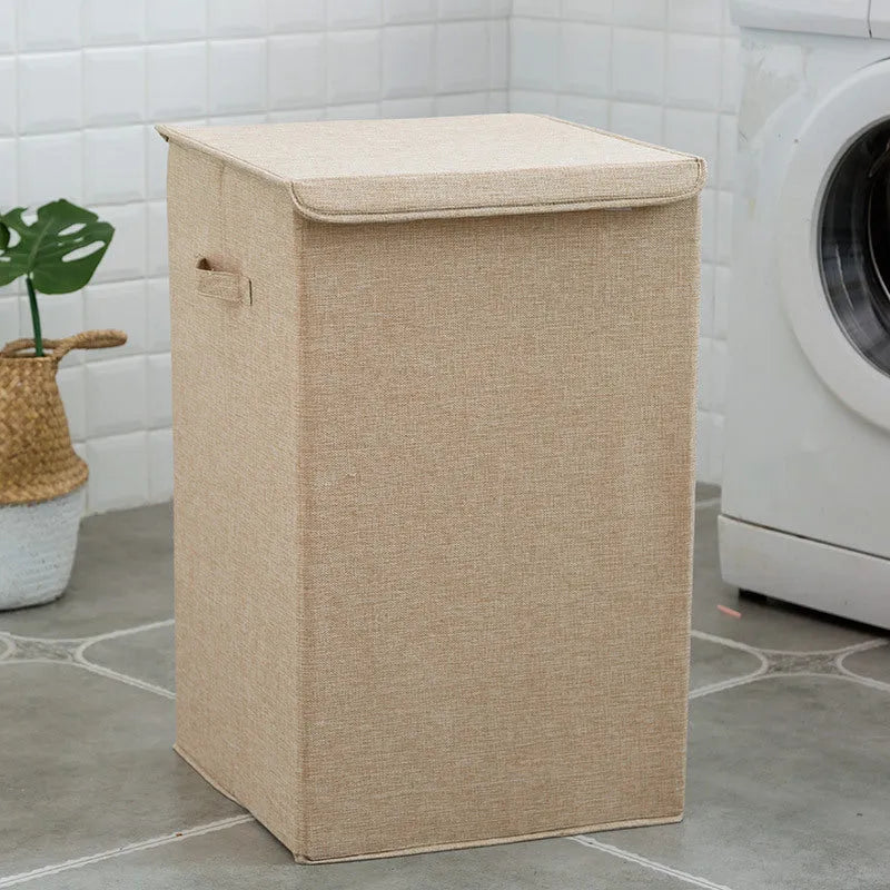 Cotton-linen fabric clothes sorting box with removable cover in beige, brown, green, or grey colours