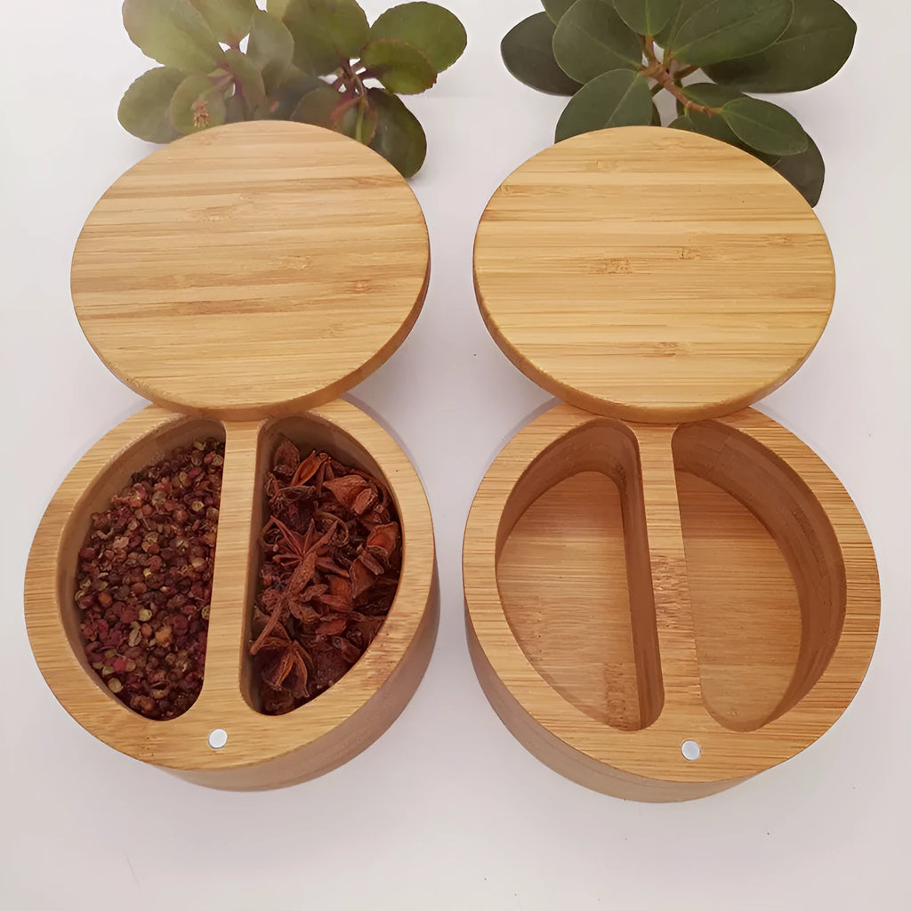 Bamboo seasoning box with spoon for kitchen countertop storage