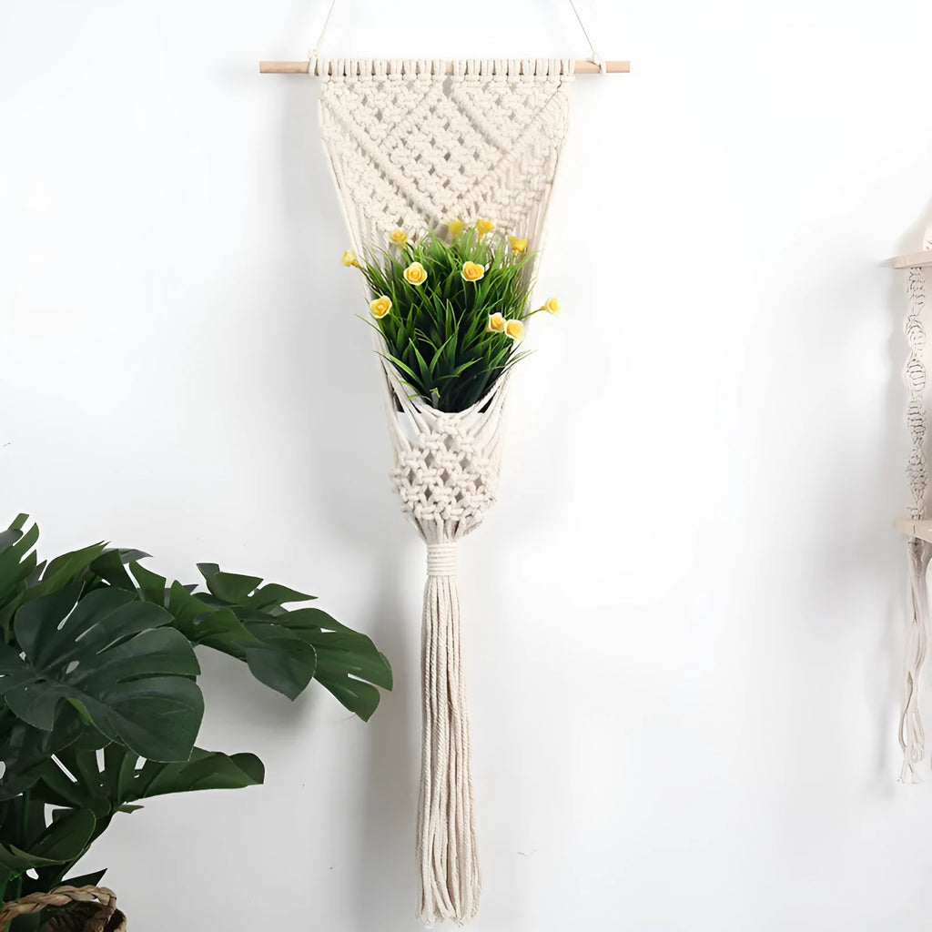 White hand-woven cotton wall tapestry with grid pattern measuring 30cm by 70cm