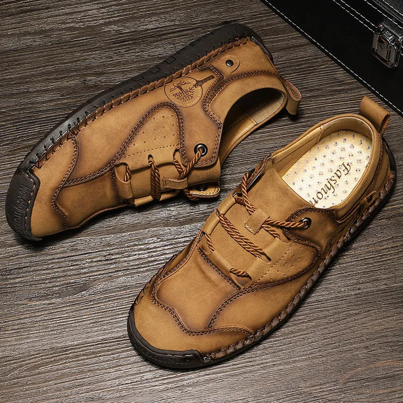 Men's casual leather shoes with microfiber upper in black, gold or khaki colours with round toe design