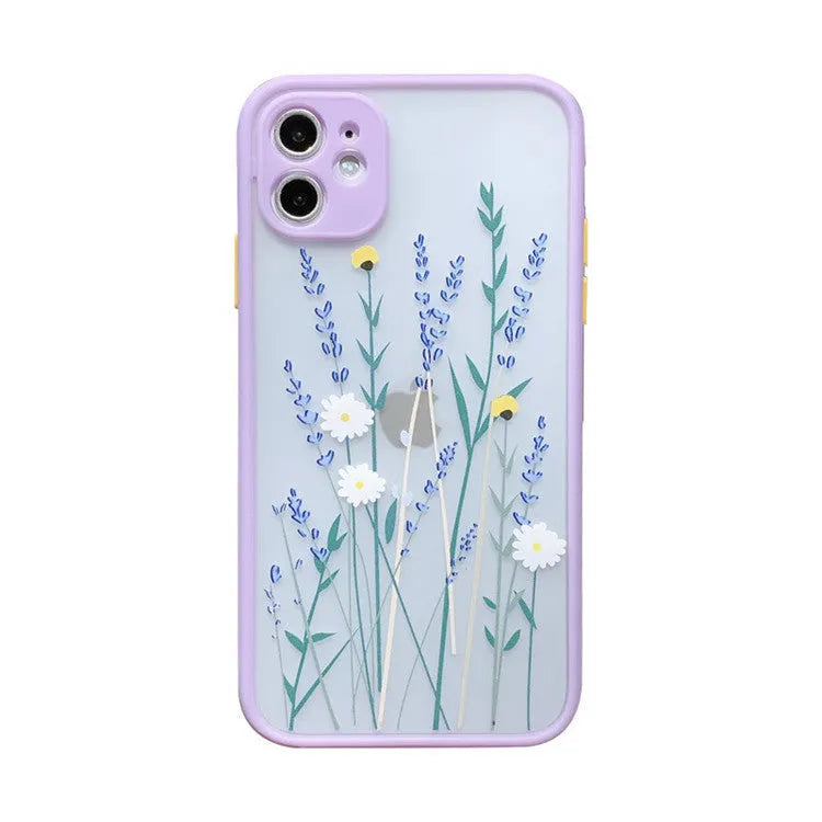 Matte TPU iPhone case with floral cartoon design in pink lavender, blue lavender, and blue flower colour options.