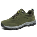 Men's large size outdoor hiking shoes in army green with low-top design and breathable mesh lining