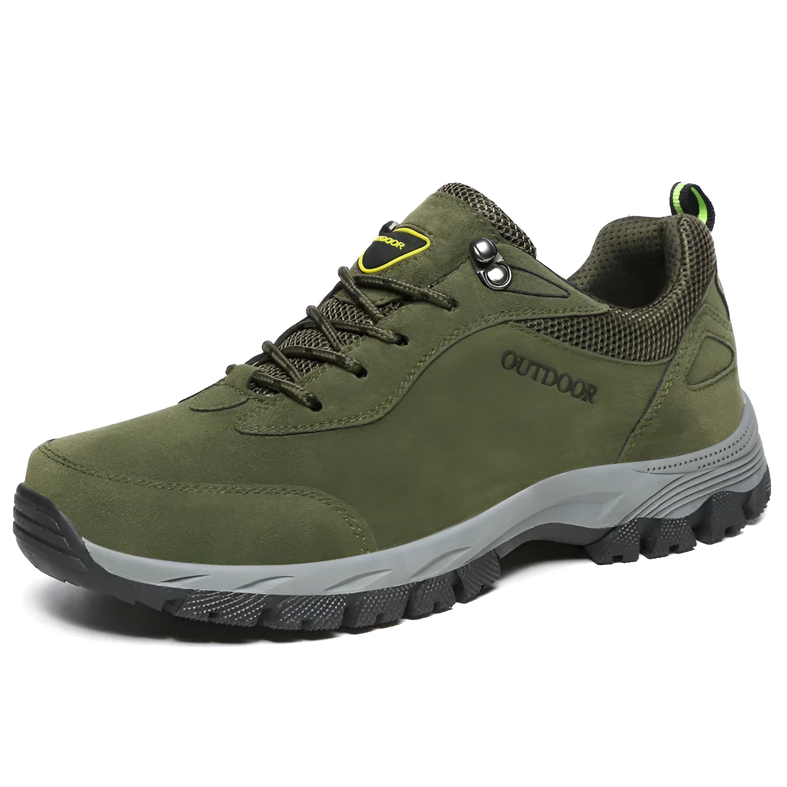 Men's large size outdoor hiking shoes in army green with low-top design and breathable mesh lining