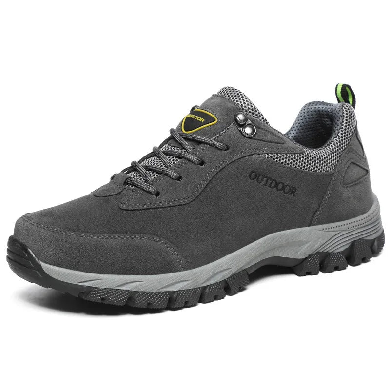 Men's large size outdoor hiking shoes in army green with low-top design and breathable mesh lining