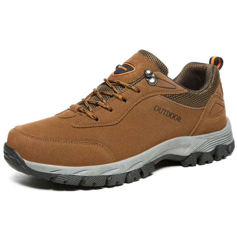 Men's large size outdoor hiking shoes in army green with low-top design and breathable mesh lining