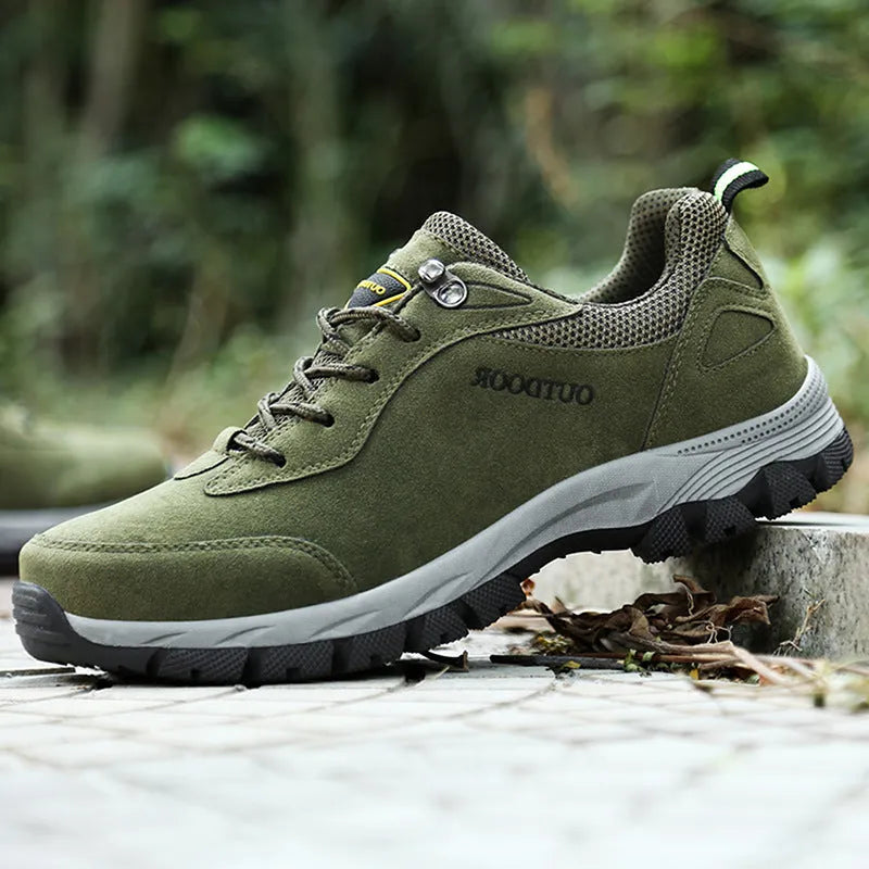 Men's large size outdoor hiking shoes in army green with low-top design and breathable mesh lining