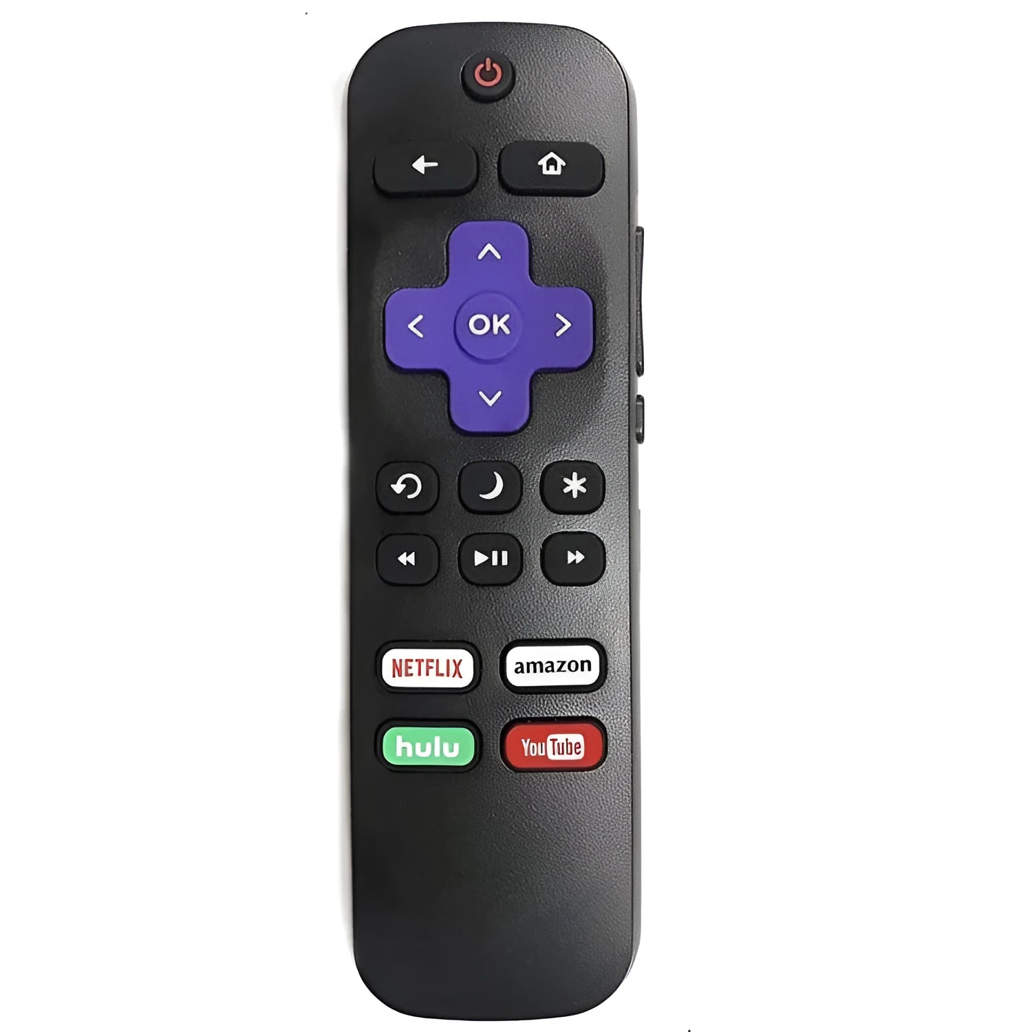 Black Roku TV remote control showing button layout with infrared transmitter at top