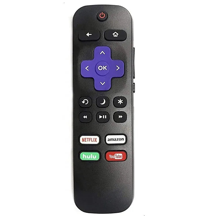 Black Roku TV remote control showing button layout with infrared transmitter at top