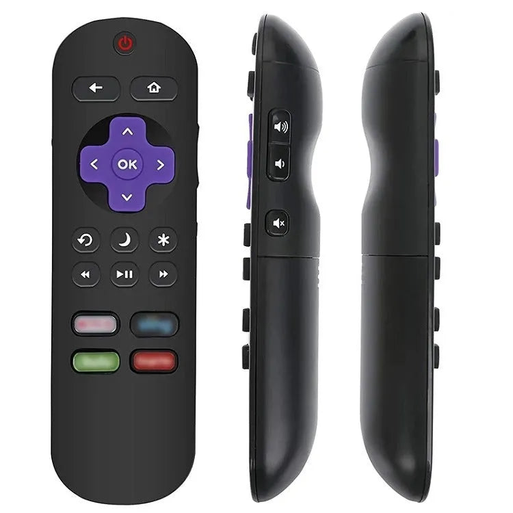 Black Roku TV remote control showing button layout with infrared transmitter at top