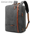 Nylon and canvas laptop backpack in gray, 17.3 inch size with multiple zippered pockets and organised interior