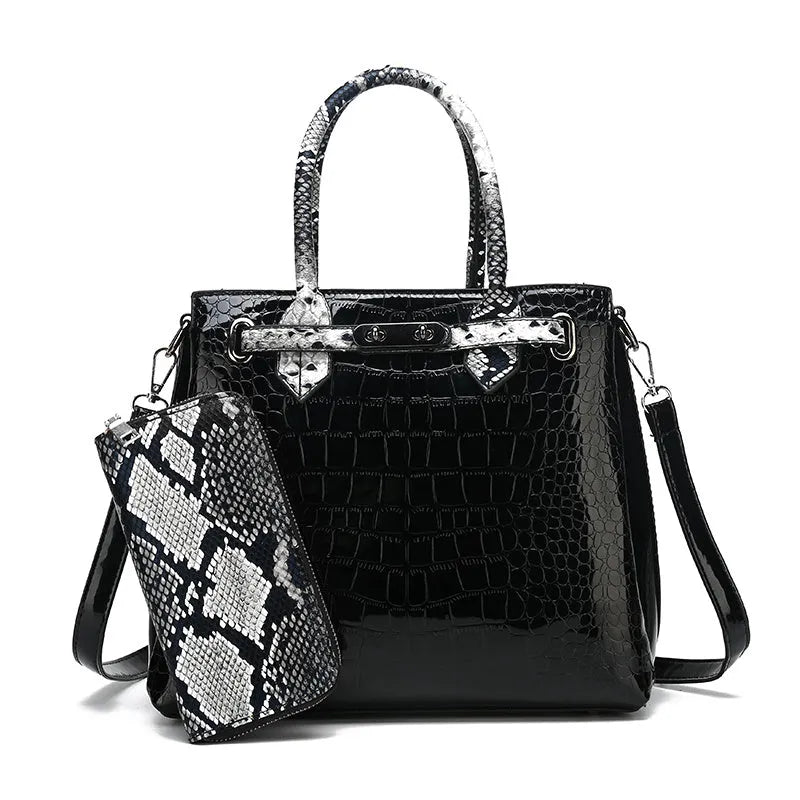 Ladies PU leather handbag with geometric stitching and zipper closure in horizontal square shape