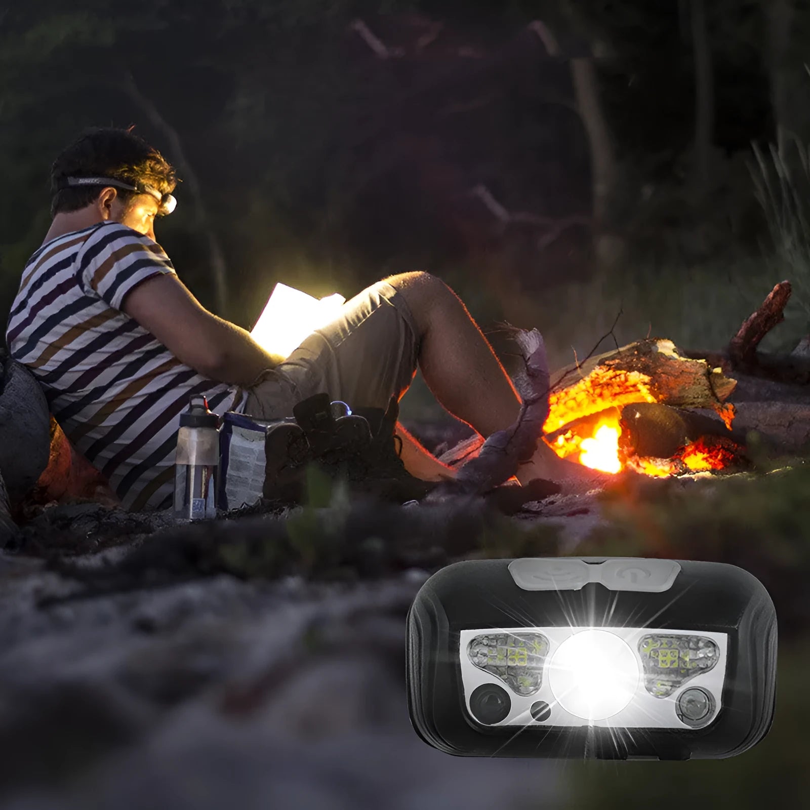 Black USB rechargeable LED headlamp with motion sensor and red running light options for outdoor use