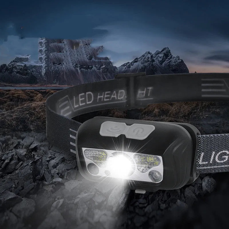 Black USB rechargeable LED headlamp with motion sensor and red running light options for outdoor use