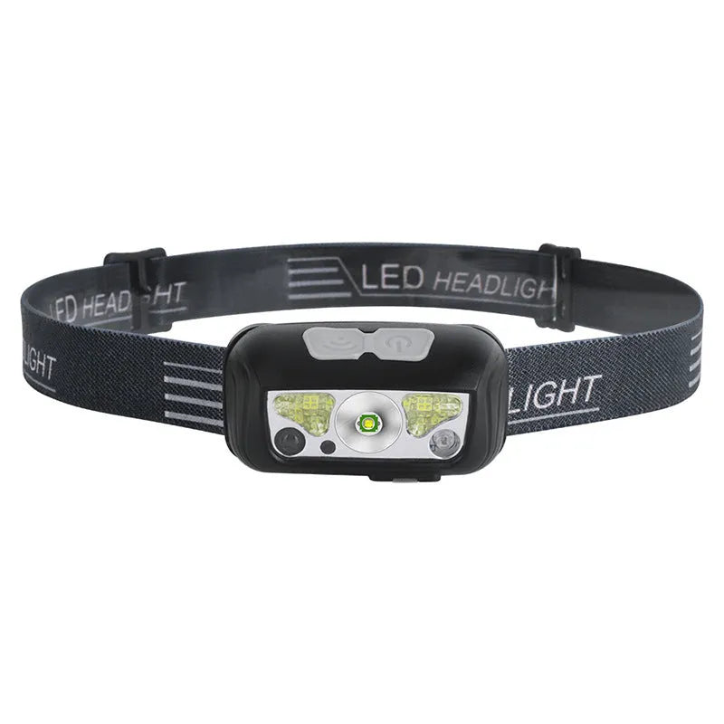 Black USB rechargeable LED headlamp with motion sensor and red running light options for outdoor use