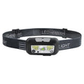 Black USB rechargeable LED headlamp with motion sensor and red running light options for outdoor use