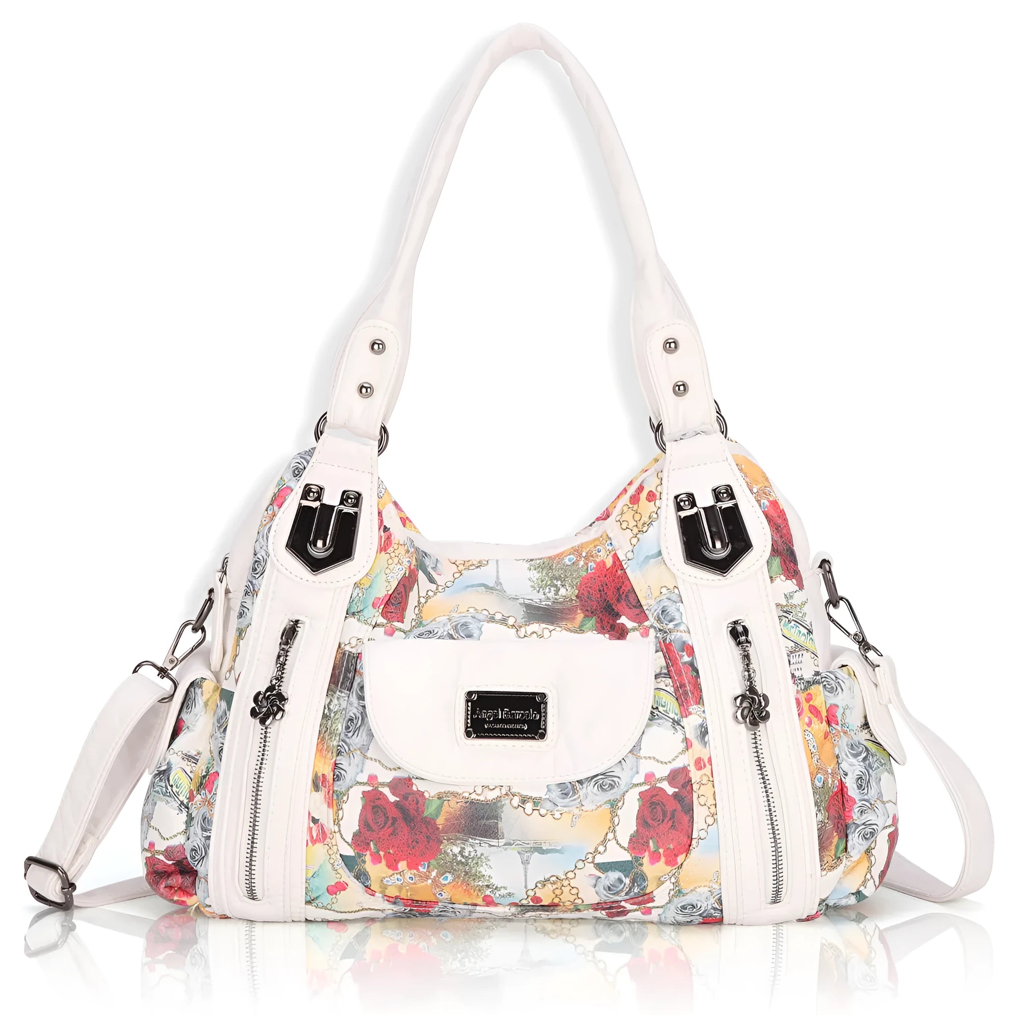 White women's PU leather messenger handbag with dumpling style horizontal square design