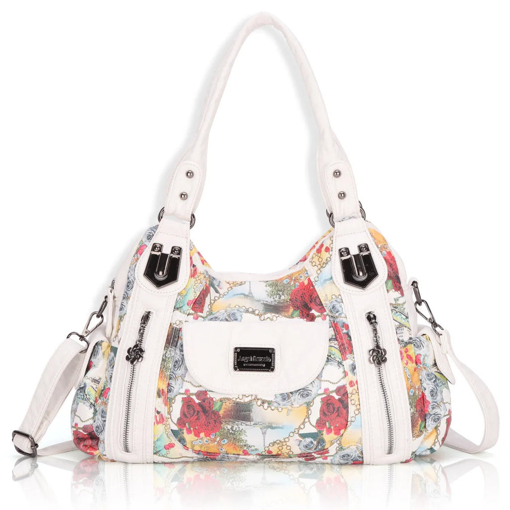White women's PU leather messenger handbag with dumpling style horizontal square design