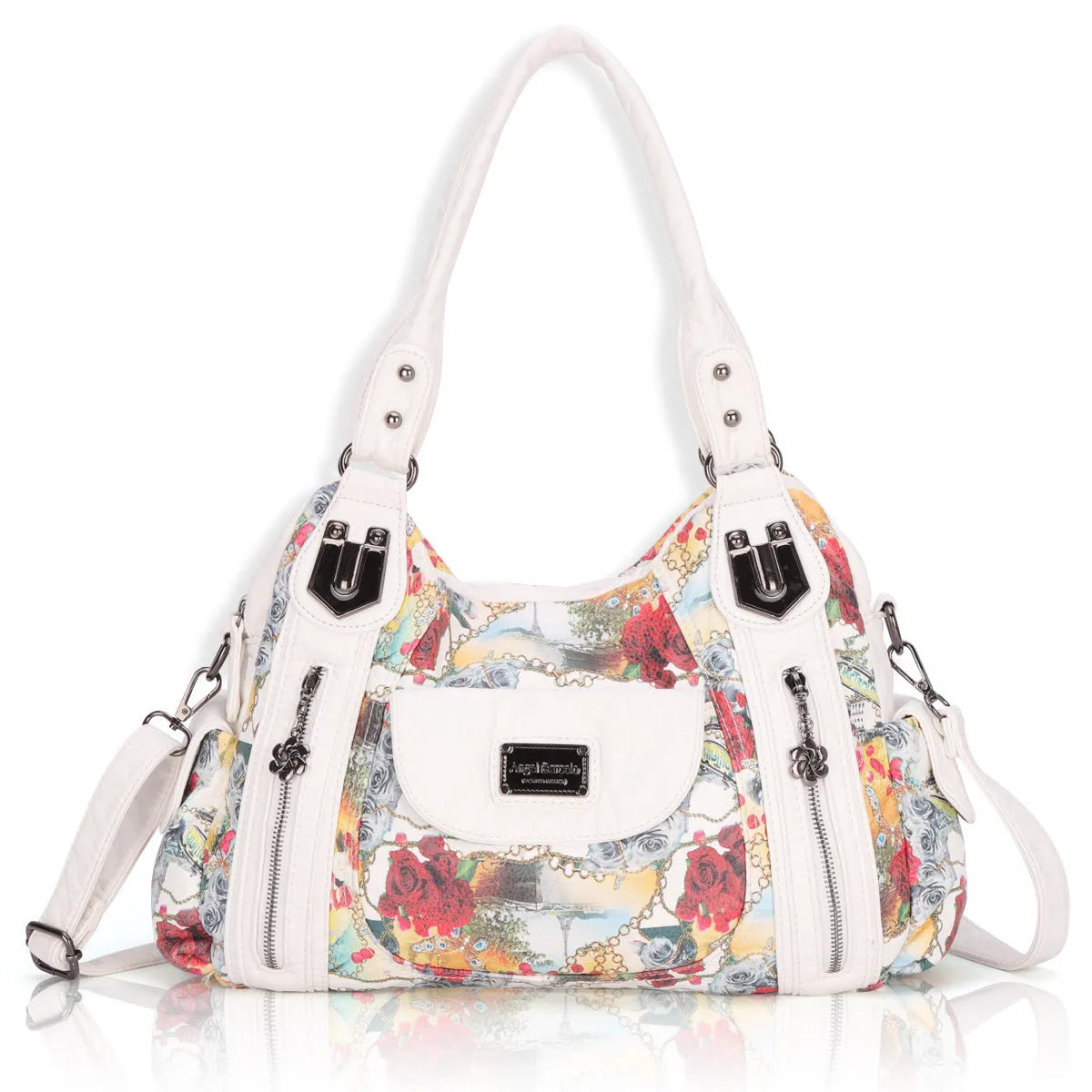 White women's PU leather messenger handbag with dumpling style horizontal square design