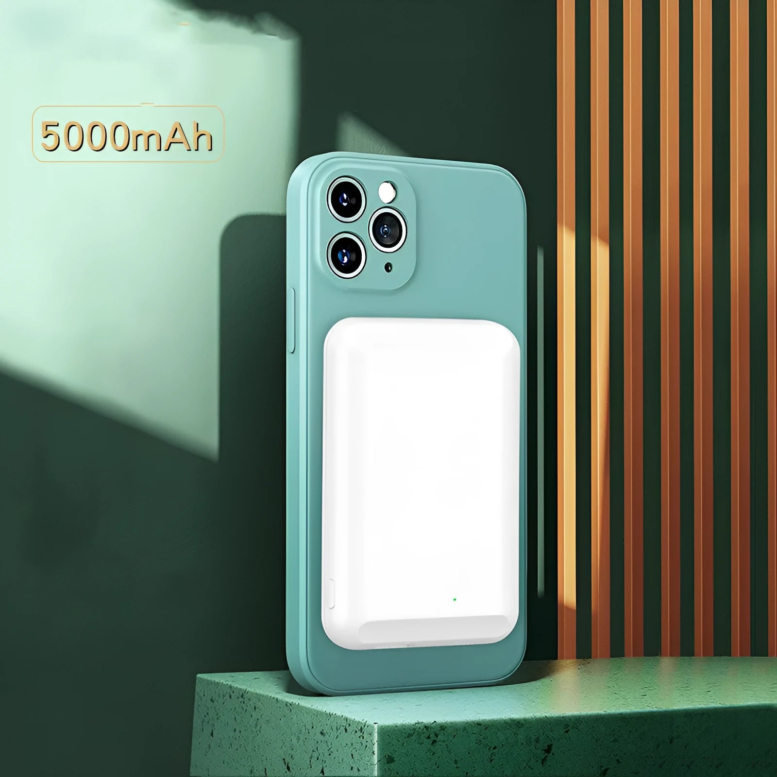 A black magnetic wireless power bank with a 5000mAh capacity, shown attached to a mobile phone.
