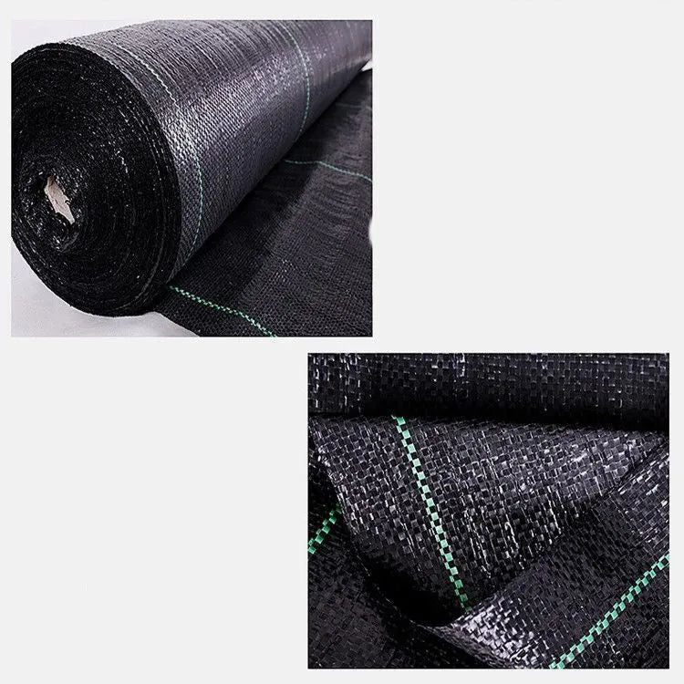 Black composite woven PE weed-proof cloth roll for farmland and greenhouse use.