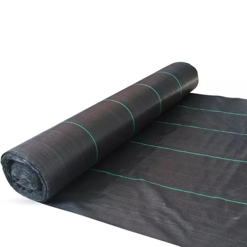 Black composite woven PE weed-proof cloth roll for farmland and greenhouse use.