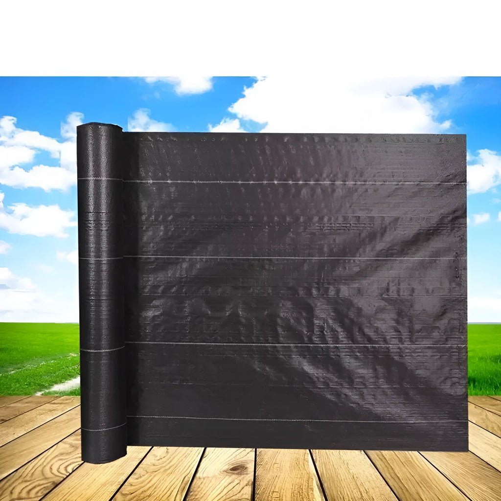 Black composite woven PE weed-proof cloth roll for farmland and greenhouse use.