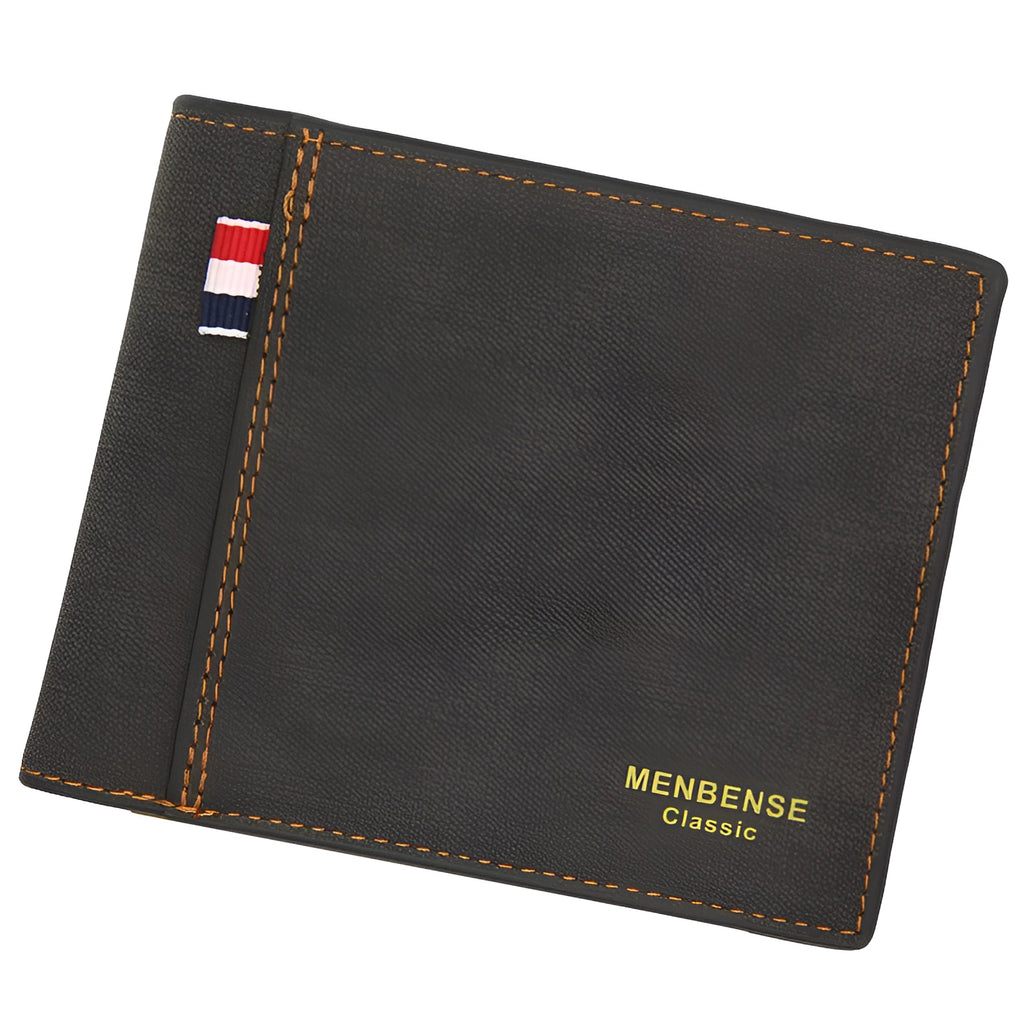 Men's leather tri-fold wallet in black, navy, dark brown and light brown colour options showing bifold design