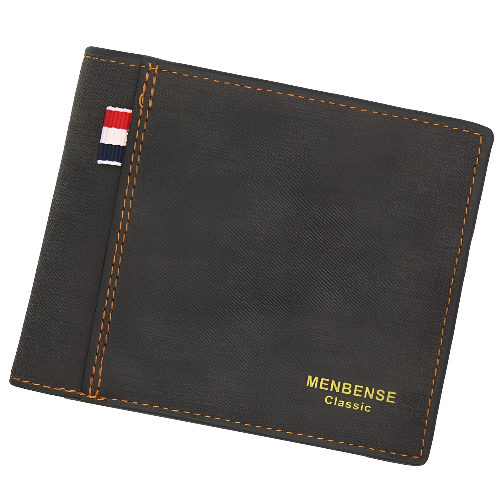 Men's leather tri-fold wallet in black, navy, dark brown and light brown colour options showing bifold design