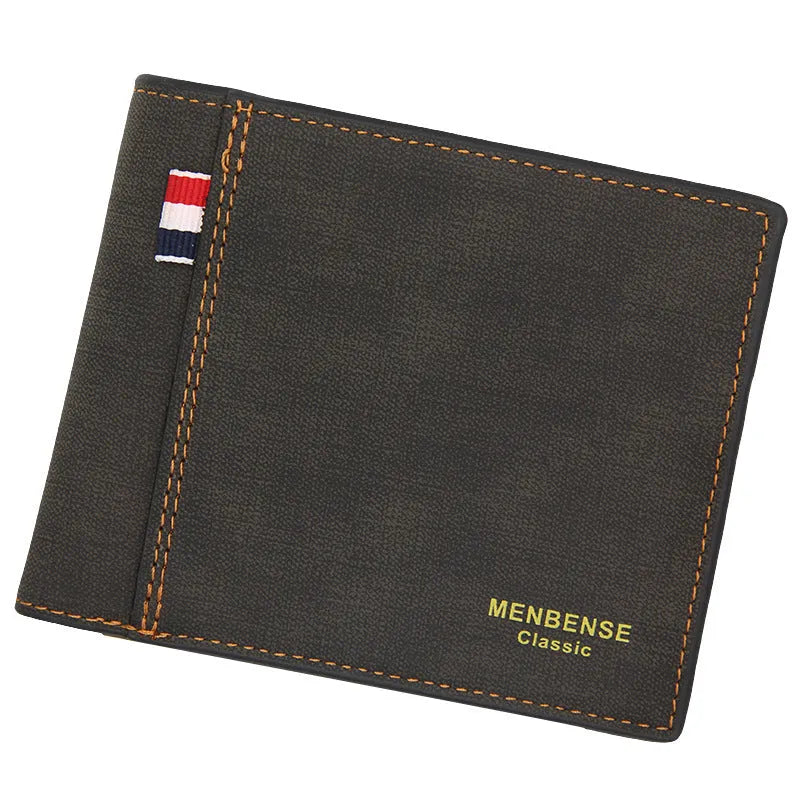Men's leather tri-fold wallet in black, navy, dark brown and light brown colour options showing bifold design