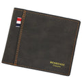 Men's leather tri-fold wallet in black, navy, dark brown and light brown colour options showing bifold design