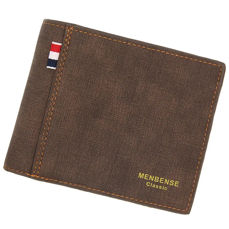 Men's leather tri-fold wallet in black, navy, dark brown and light brown colour options showing bifold design