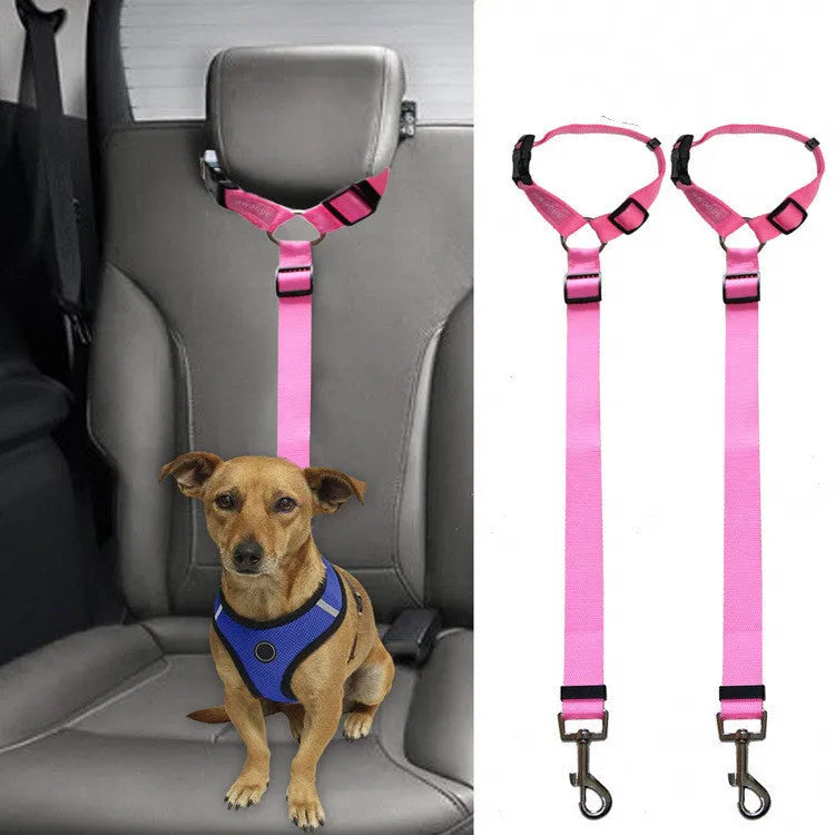 Car backseat pet leash for dogs made from polyester in nine colour options attached to a vehicle seatbelt