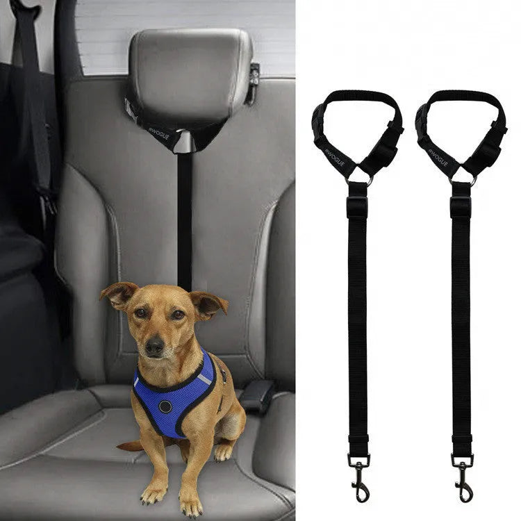 Car backseat pet leash for dogs made from polyester in nine colour options attached to a vehicle seatbelt