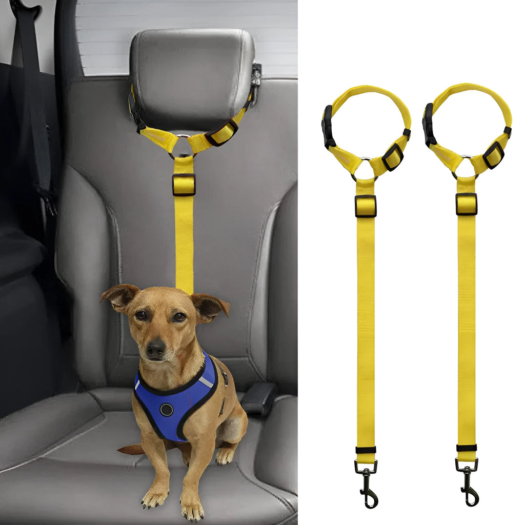 Car backseat pet leash for dogs made from polyester in nine colour options attached to a vehicle seatbelt