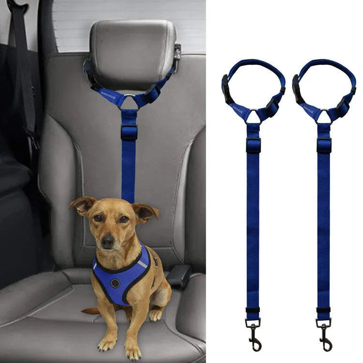 Car backseat pet leash for dogs made from polyester in nine colour options attached to a vehicle seatbelt