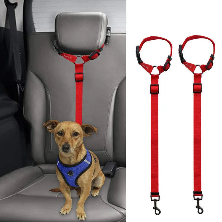 Car backseat pet leash for dogs made from polyester in nine colour options attached to a vehicle seatbelt