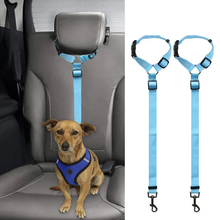 Car backseat pet leash for dogs made from polyester in nine colour options attached to a vehicle seatbelt