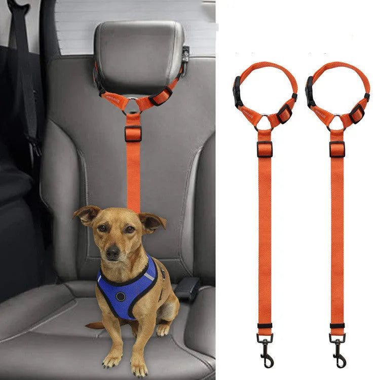 Car backseat pet leash for dogs made from polyester in nine colour options attached to a vehicle seatbelt