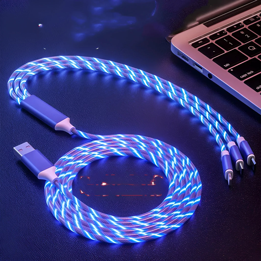 USB data cable with three colourful streamer connectors showing 1.25 metre length and USB interface