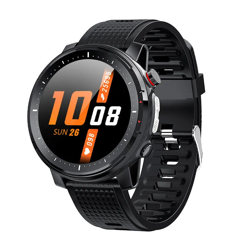 Android smart watch with round dial, silicone strap, and IP68 waterproof rating shown in black and red colour options